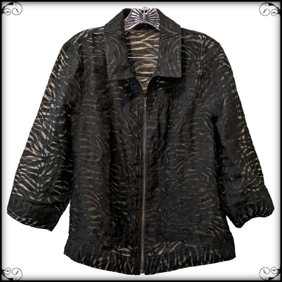Clara S Black Sheer Mesh Textured Zip Up Shirt Jacket Zebra AOP Women's XL - Picture 2 of 9